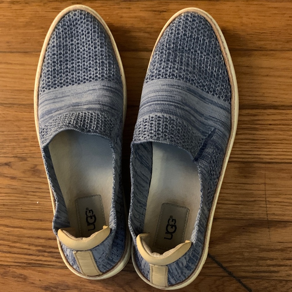 UGG women’s Light Blue Knit Slip-On Loafers with Tan Accents. Fit more like a 9
